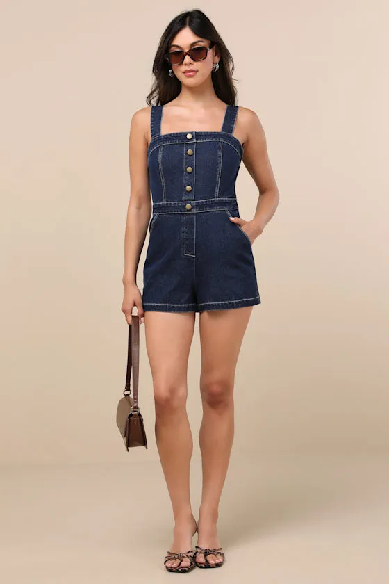 Thema Dark Wash Denim Button-Front Romper sold by Lulus product image thumbnail 3