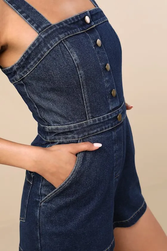 Thema Dark Wash Denim Button-Front Romper sold by Lulus product image thumbnail 4