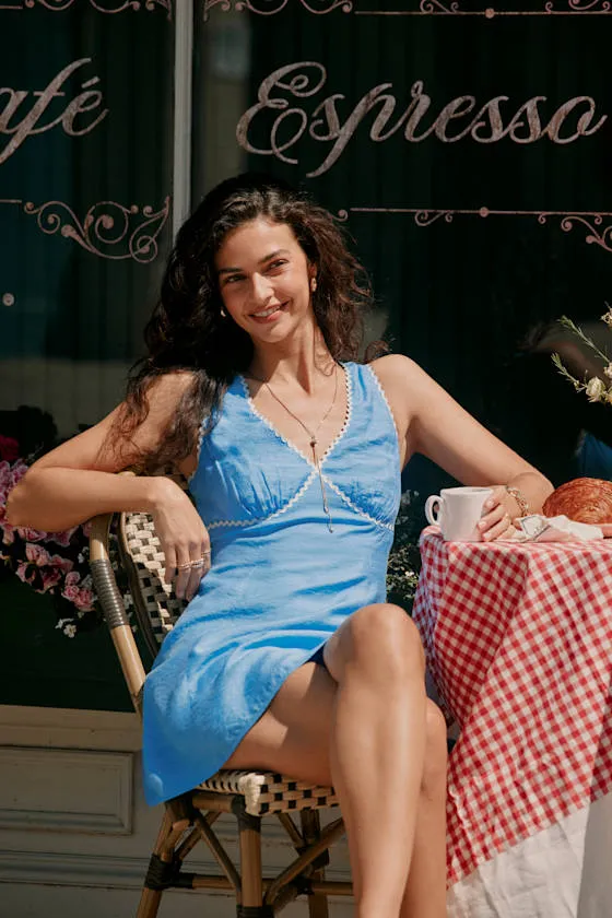 Arelie Blue Rickrack Sleeveless Mini Dress sold by Lulus