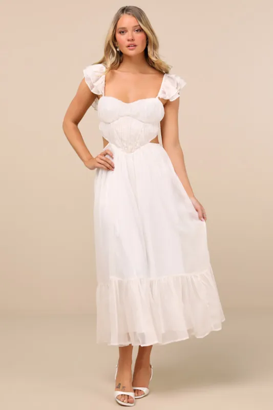 Mio Ivory Pleated Tie-Back Midi Dress sold by Lulus