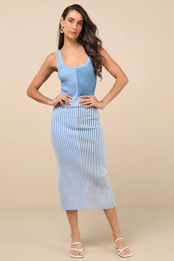 Radiant Personality Blue Color Block Ribbed Knit Midi Dress sold by Lulus