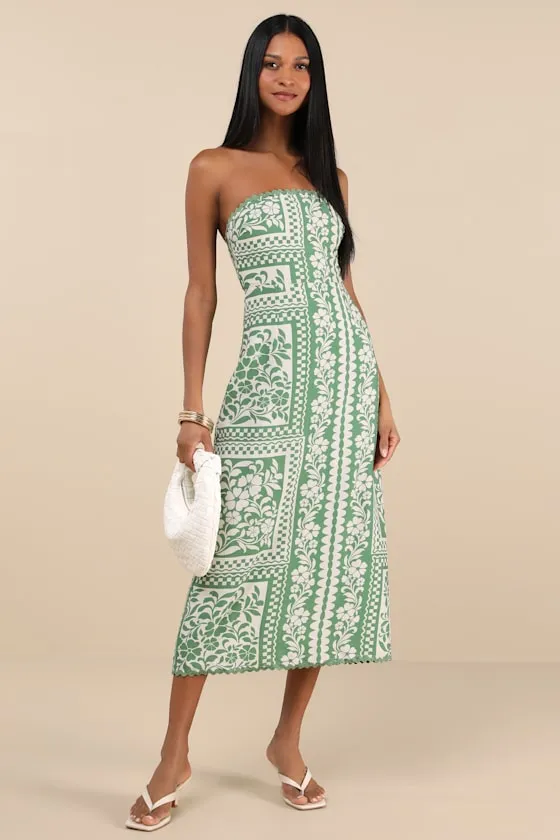 Brigita Green Floral Strapless Column Midi Dress sold by Lulus