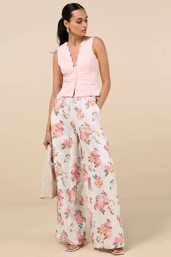 Zerina White and Pink Floral Print Wide-Leg Pants sold by Lulus