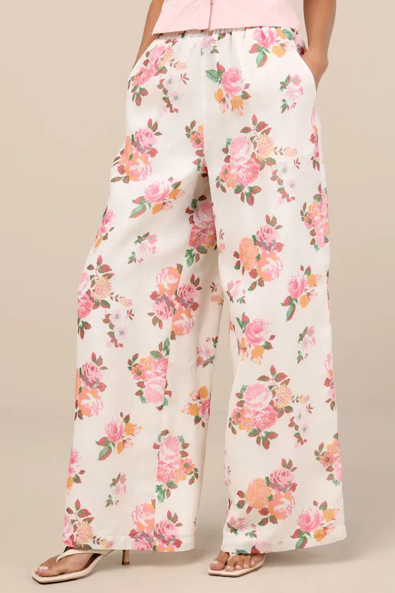 Zerina White and Pink Floral Print Wide-Leg Pants sold by Lulus product image thumbnail 2