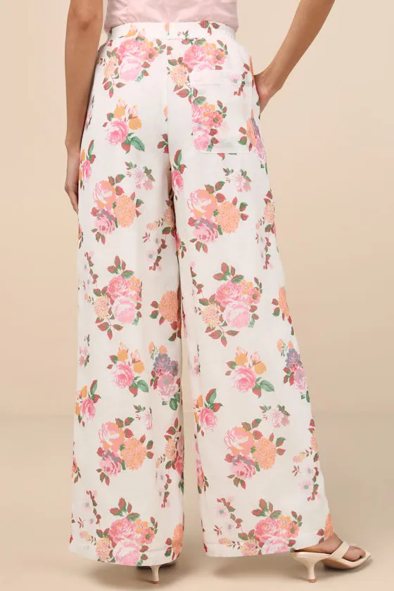 Zerina White and Pink Floral Print Wide-Leg Pants sold by Lulus product image thumbnail 3