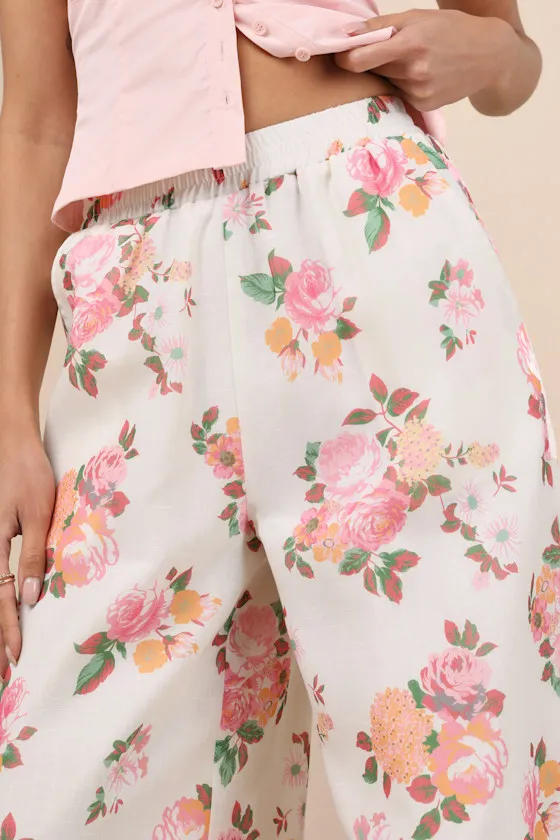 Zerina White and Pink Floral Print Wide-Leg Pants sold by Lulus product image thumbnail 4