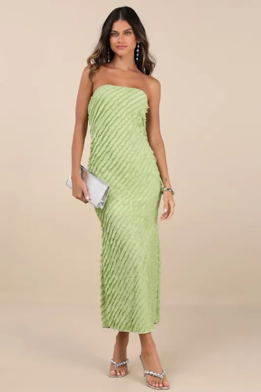Faelyn Light Green Strapless Ruffled Midi Dress sold by Lulus
