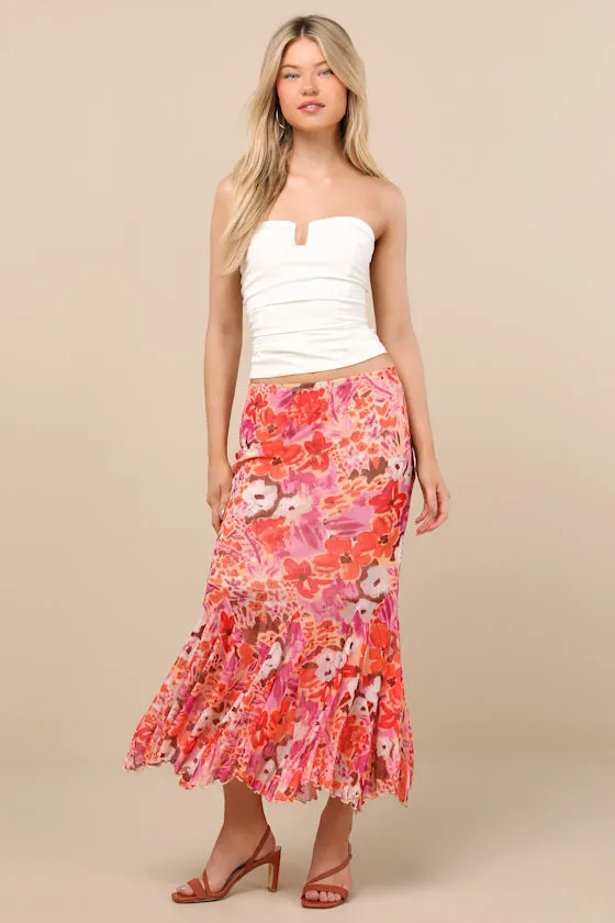 Lilika Orange Multi Floral Mesh Ruffled Midi Skirt sold by Lulus