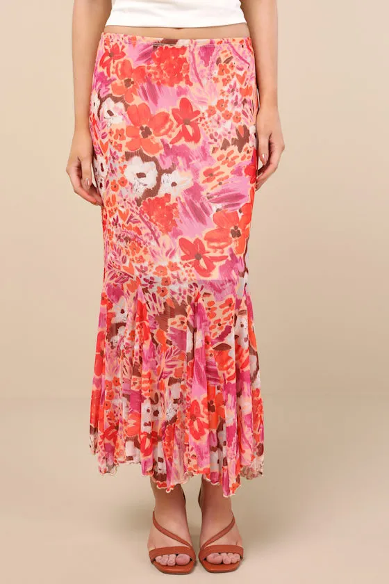 Lilika Orange Multi Floral Mesh Ruffled Midi Skirt sold by Lulus product image thumbnail 2