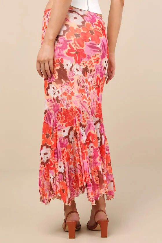 Lilika Orange Multi Floral Mesh Ruffled Midi Skirt sold by Lulus product image thumbnail 3