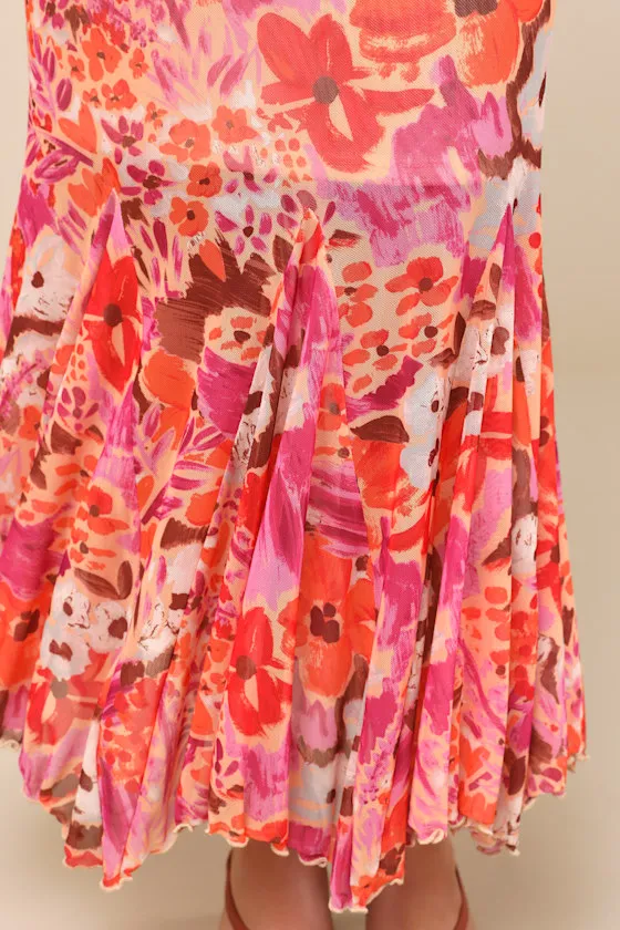 Lilika Orange Multi Floral Mesh Ruffled Midi Skirt sold by Lulus product image thumbnail 4