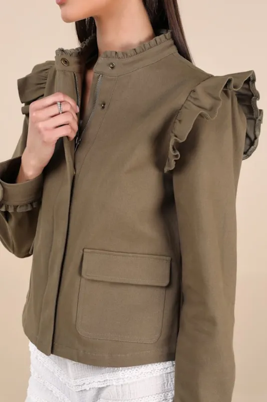 Harmen Olive Green Ruffled Utility Jacket sold by Lulus