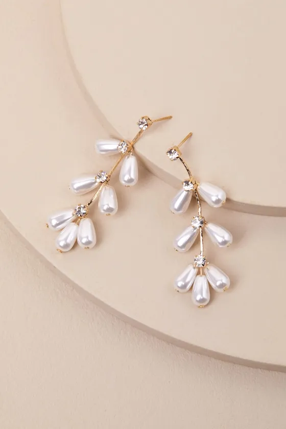 Renora Gold Rhinestone Pearl Drop Earrings sold by Lulus