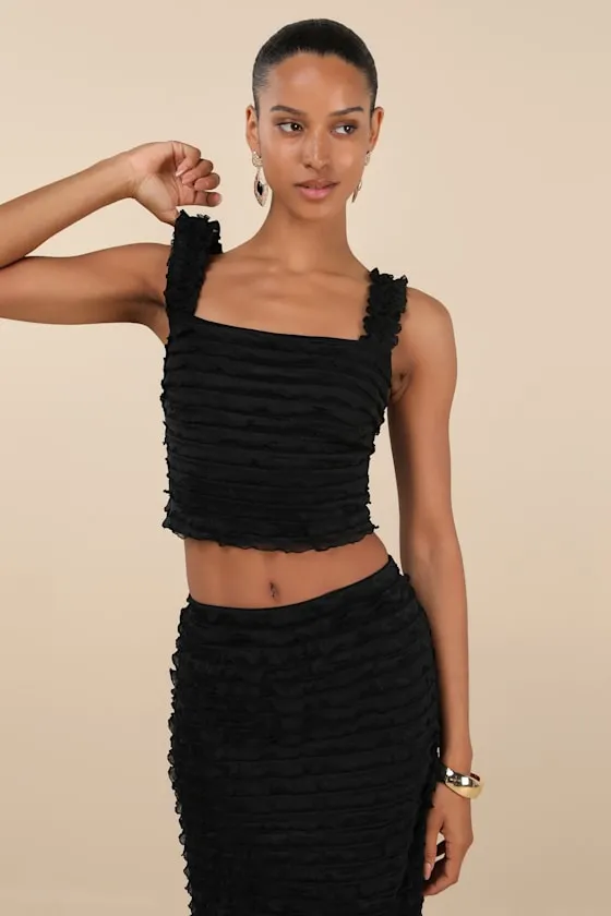 Arcelia Black Ruffled Crop Tank Top sold by Lulus