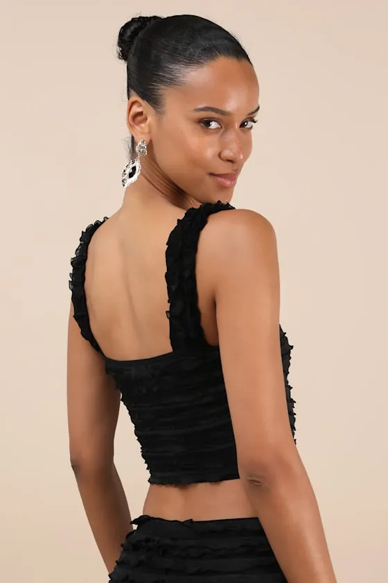 Arcelia Black Ruffled Crop Tank Top sold by Lulus product image thumbnail 2