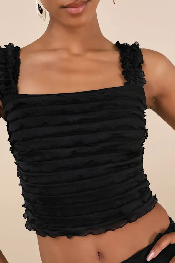 Arcelia Black Ruffled Crop Tank Top sold by Lulus product image thumbnail 4