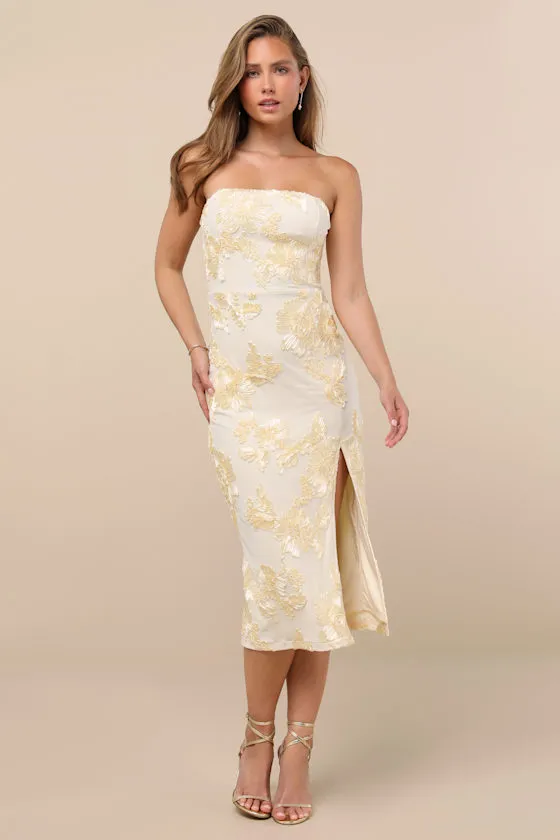 Kattalin Cream Floral Applique Strapless Midi Dress sold by Lulus