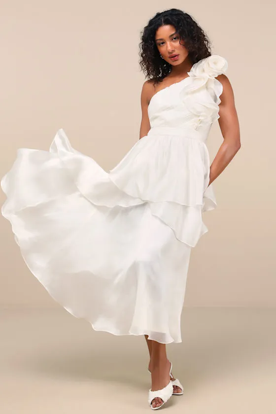 Lanelle Ivory Ruffled One-Shoulder Midi Dress sold by Lulus
