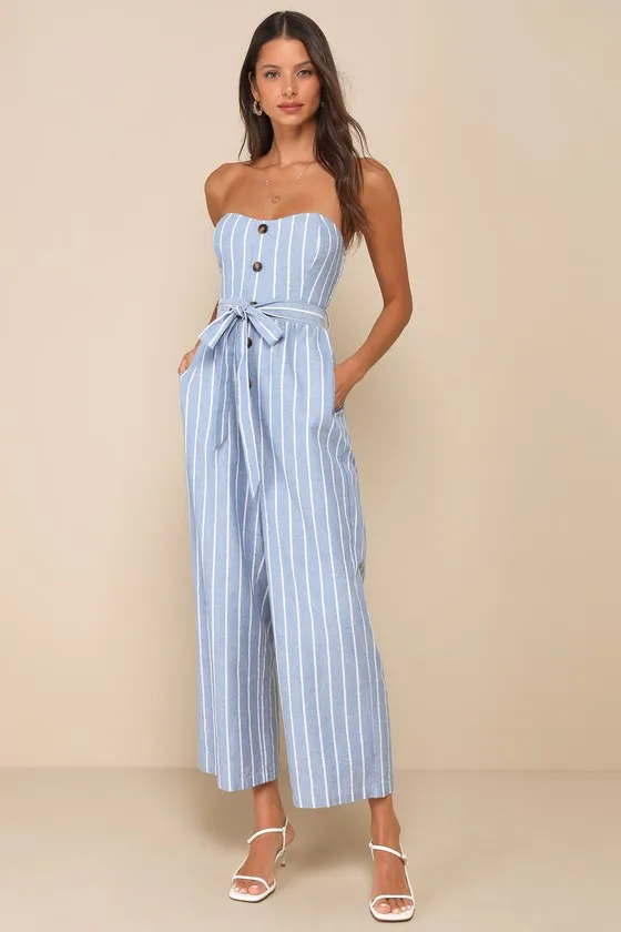 Sunny Day Classic Blue and White Striped Strapless Jumpsuit sold by Lulus