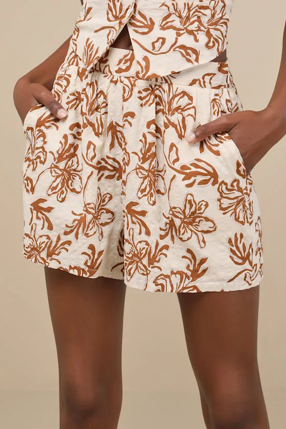 Railee Ivory and Brown Floral Pull-On Shorts sold by Lulus product image thumbnail 2