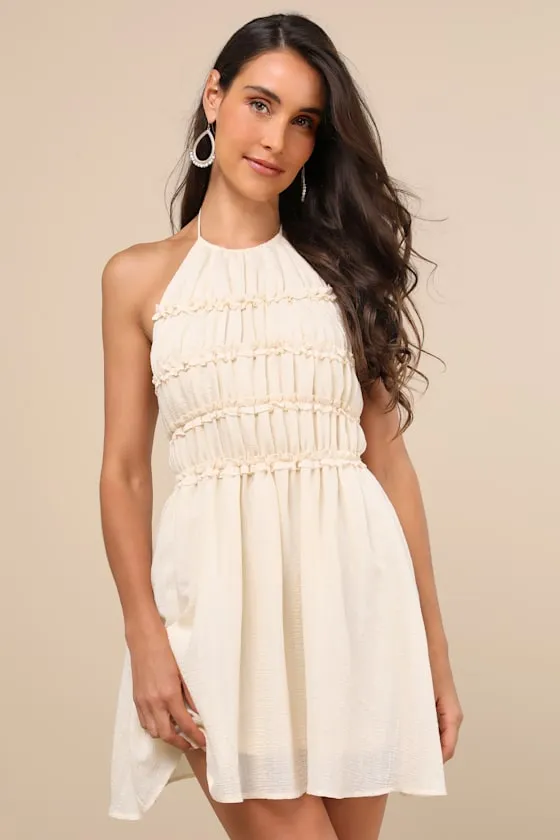 Kallina Cream Ruffled Halter Neck Mini Dress sold by Lulus