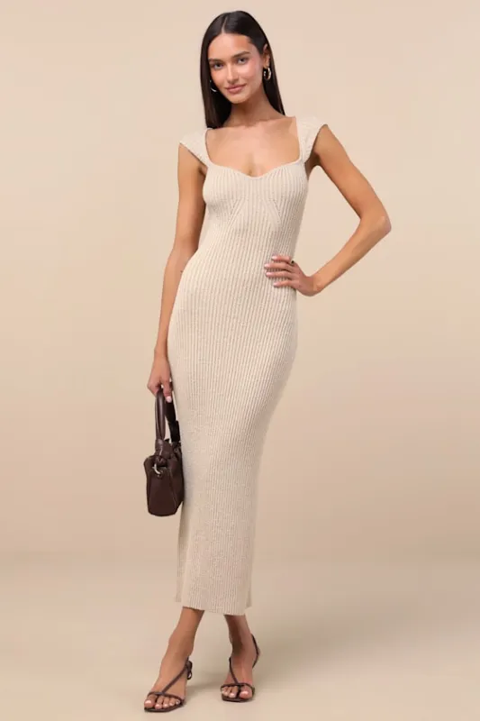 Chiara Beige Ribbed Knit Cap Sleeve Midi Dress sold by Lulus