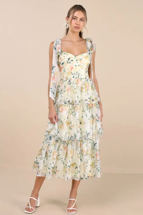 Svea Light Yellow Floral Tiered Tie-Strap Midi Dress sold by Lulus