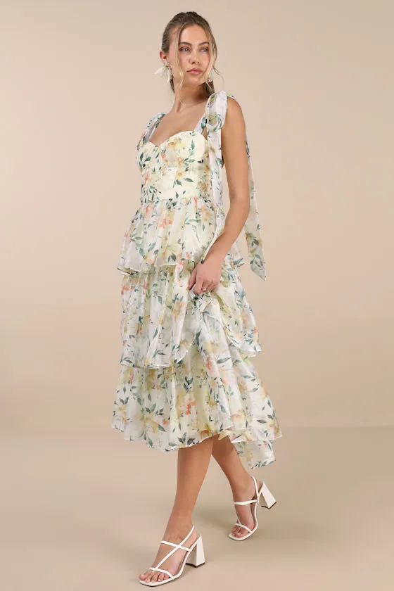 Svea Light Yellow Floral Tiered Tie-Strap Midi Dress sold by Lulus product image thumbnail 2