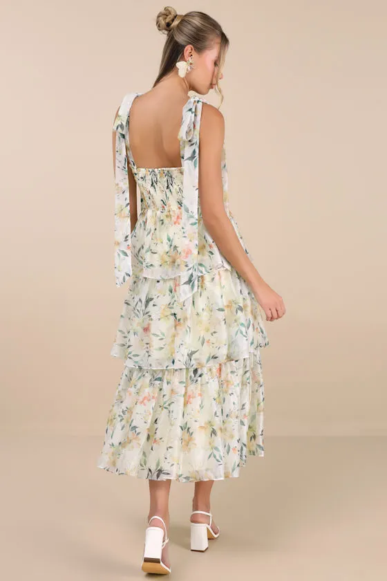 Svea Light Yellow Floral Tiered Tie-Strap Midi Dress sold by Lulus product image thumbnail 3