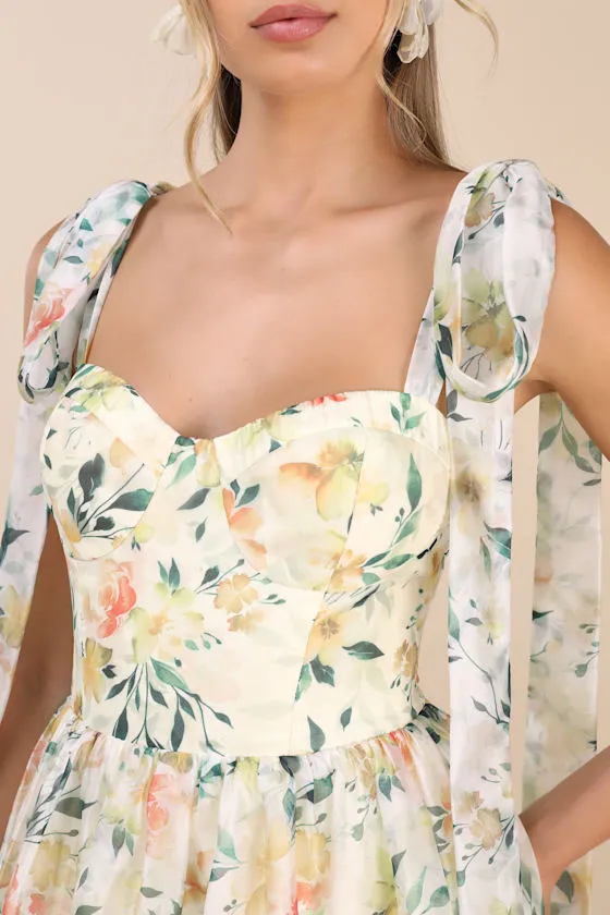 Svea Light Yellow Floral Tiered Tie-Strap Midi Dress sold by Lulus product image thumbnail 4