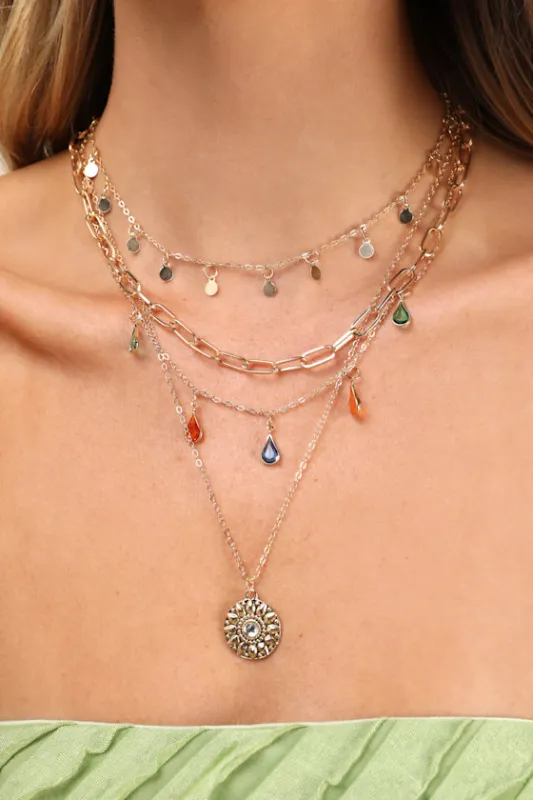 Quinara Gold Layered Rhinestone Charm Necklace sold by Lulus