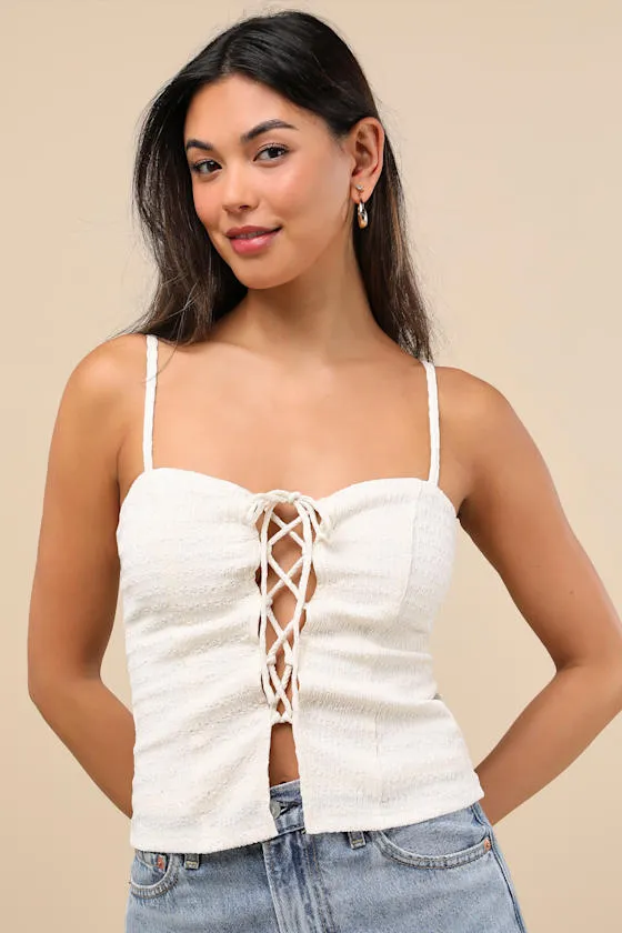 Annelie Cream Textured Knit Lace-Up Tank Top sold by Lulus