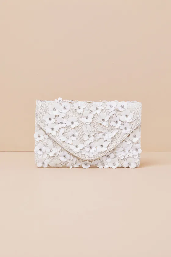 Vinka White Beaded Floral Sequin Rhinestone Clutch sold by Lulus product image thumbnail 2
