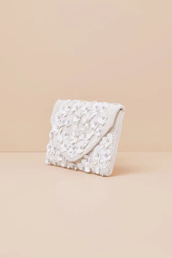 Vinka White Beaded Floral Sequin Rhinestone Clutch sold by Lulus product image thumbnail 4
