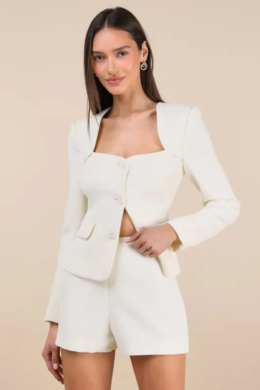 Hulda Ivory Textured High-Rise Shorts sold by Lulus