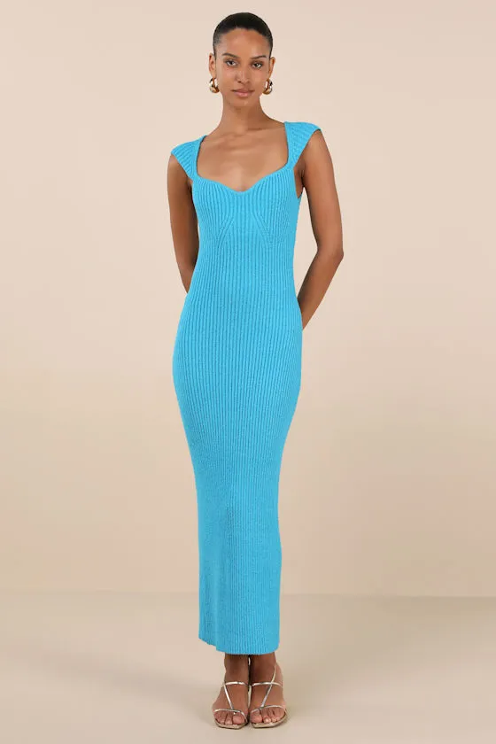 Chiara Turquoise Ribbed Knit Cap Sleeve Midi Dress sold by Lulus