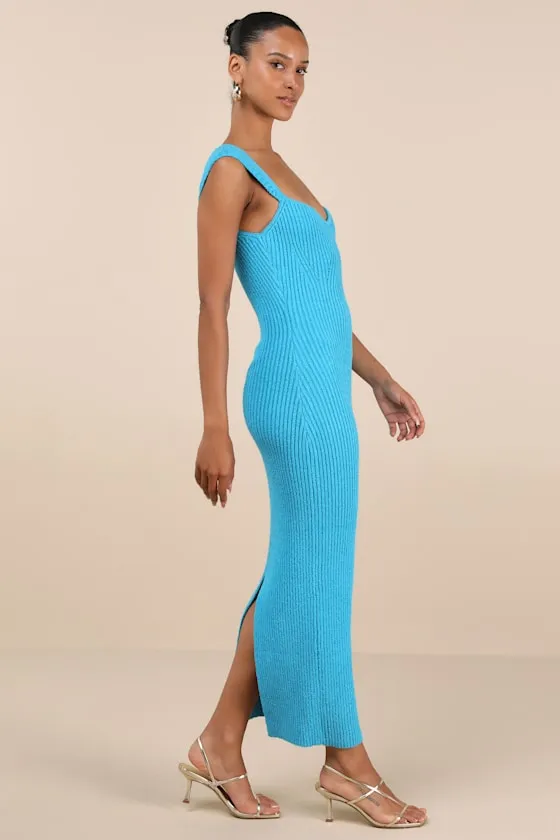 Chiara Turquoise Ribbed Knit Cap Sleeve Midi Dress sold by Lulus product image thumbnail 3