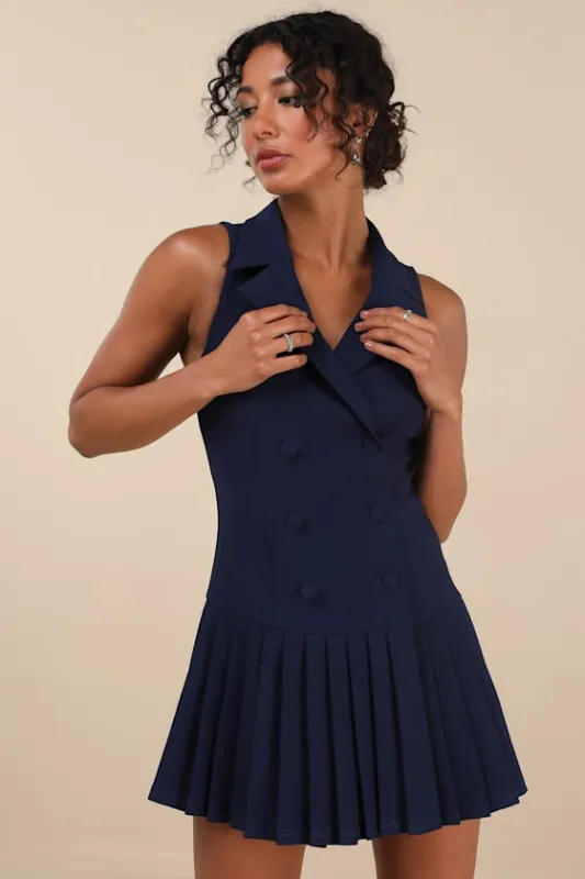 Posh Vision Navy Sleeveless Blazer Pleated Mini Dress sold by Lulus
