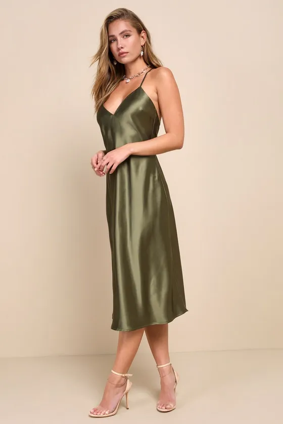 Exquisitely Chic Olive Green Satin Backless Slip Midi Dress sold by Lulus product image thumbnail 2