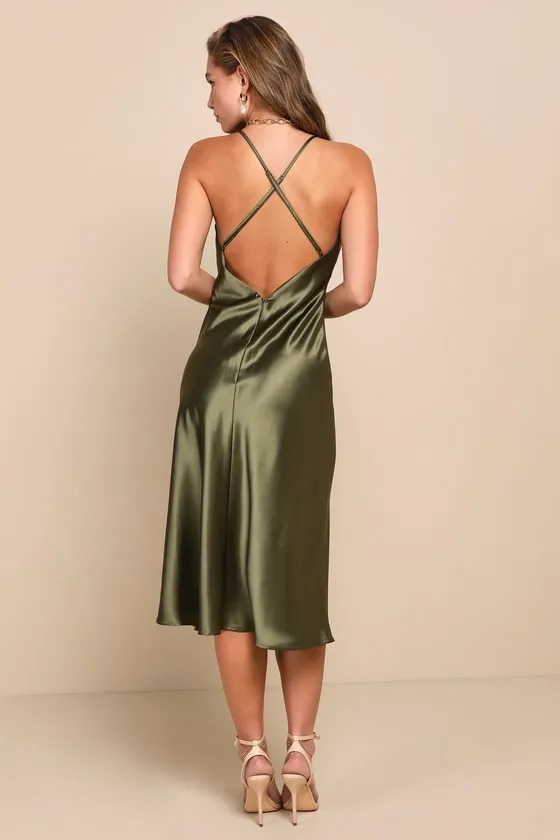 Exquisitely Chic Olive Green Satin Backless Slip Midi Dress sold by Lulus product image thumbnail 3