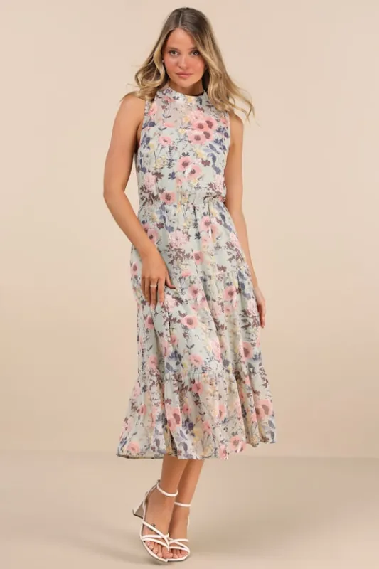In My Dreams Sage Floral Print Midi Dress sold by Lulus