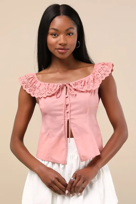 Alesana Peach Pink Eyelet Embroidered Button-Front Top made by Lulus