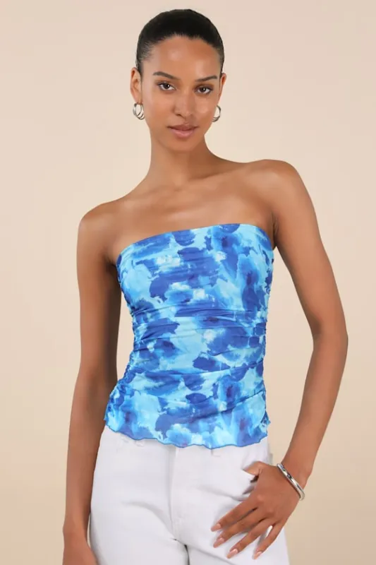 Maylin Blue Abstract Print Mesh Strapless Top sold by Lulus