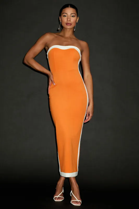 Impressive Edge Orange Color Block Strapless Midi Dress made by Lulus