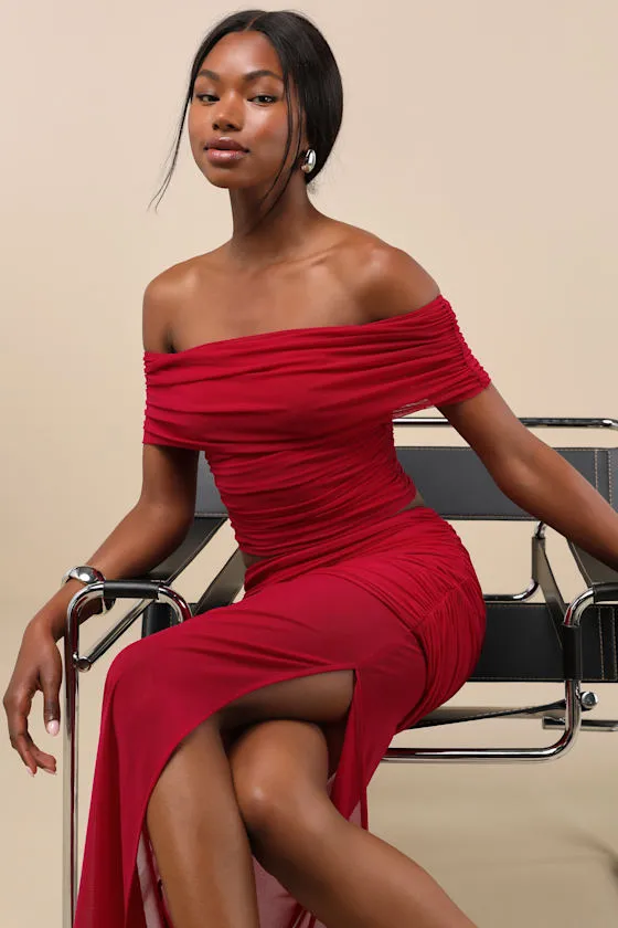 Cadie Red Mesh Off-the-Shoulder Top sold by Lulus