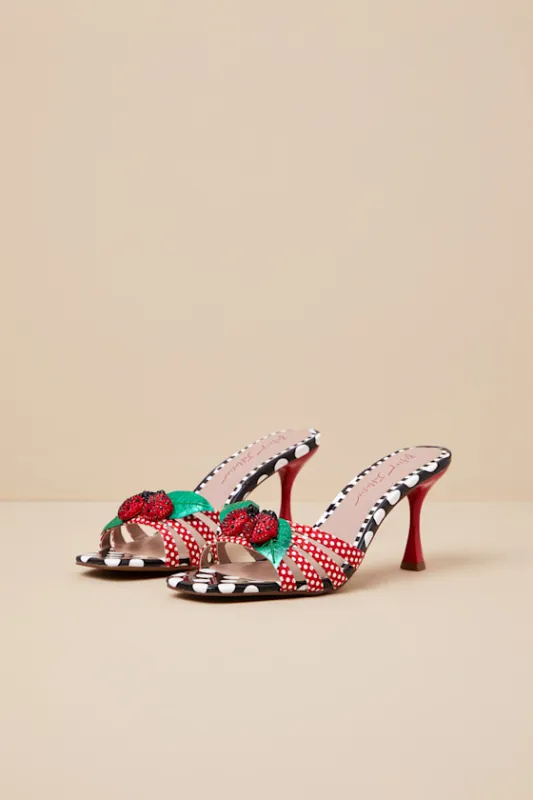 Clovr Red and White Multi Lady Bug High Heel Slide Sandals sold by Lulus