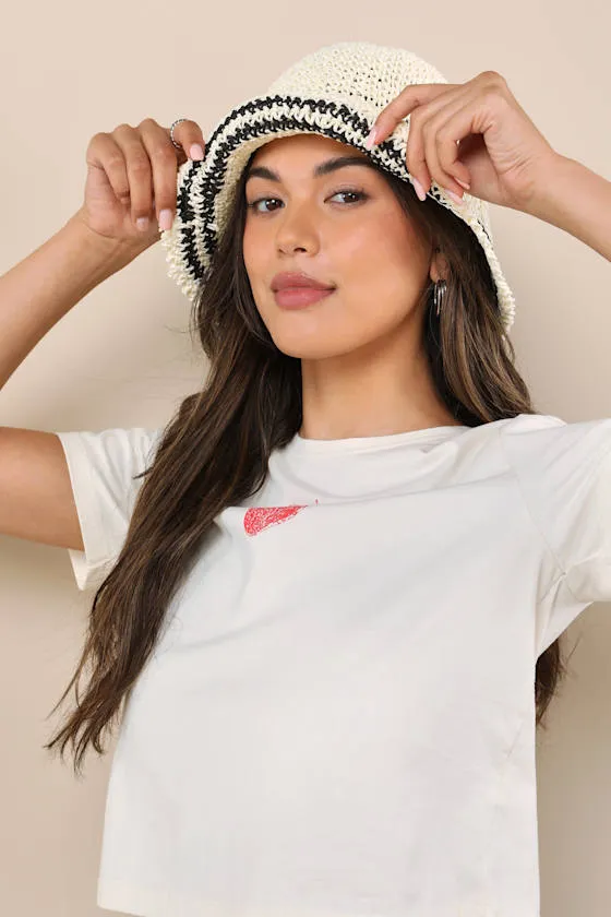 Esila White Striped Straw Bucket Hat sold by Lulus