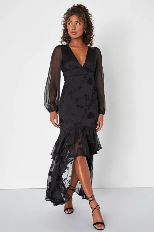 Keep You Chic Black Chiffon Embroidered Ruffled Maxi Dress sold by Lulus
