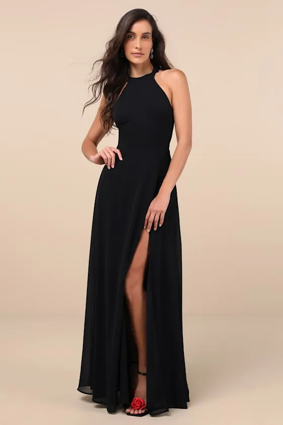 Confidently Charismatic Black Backless Halter Maxi Dress sold by Lulus