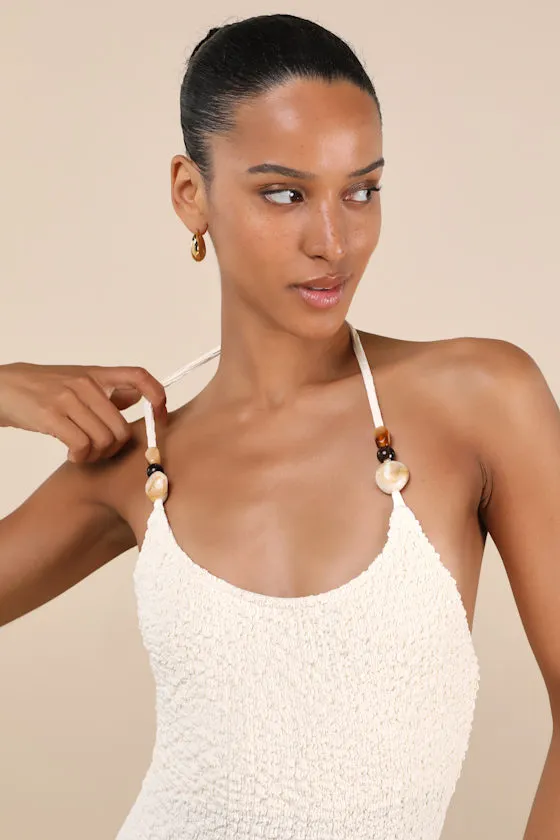 Meike Cream Textured Knit Beaded Halter Midi Dress sold by Lulus